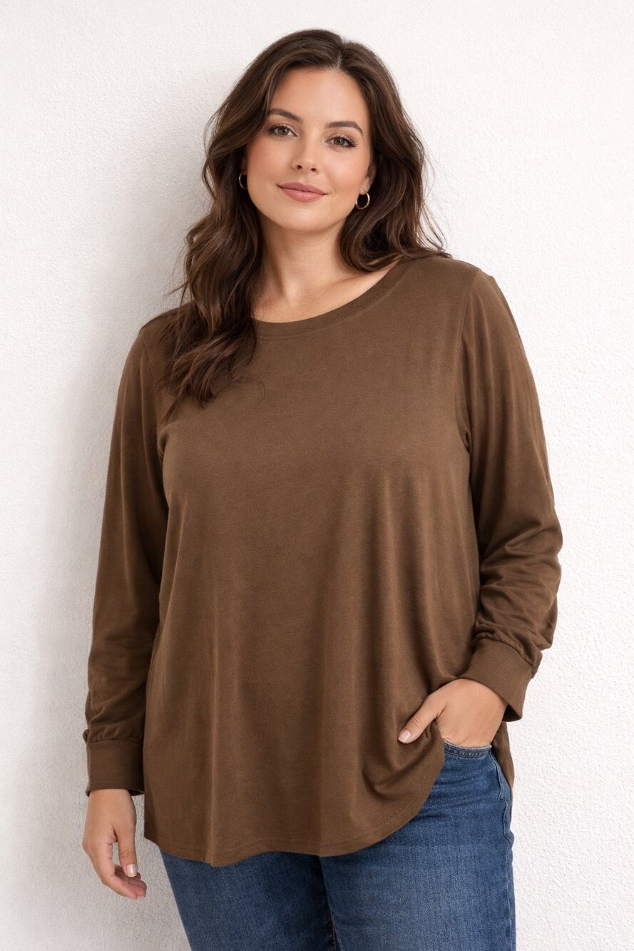 J. Jill Size XL Back Button Soft Long Sleeve Chocolate Brown Tencel Tunic Top